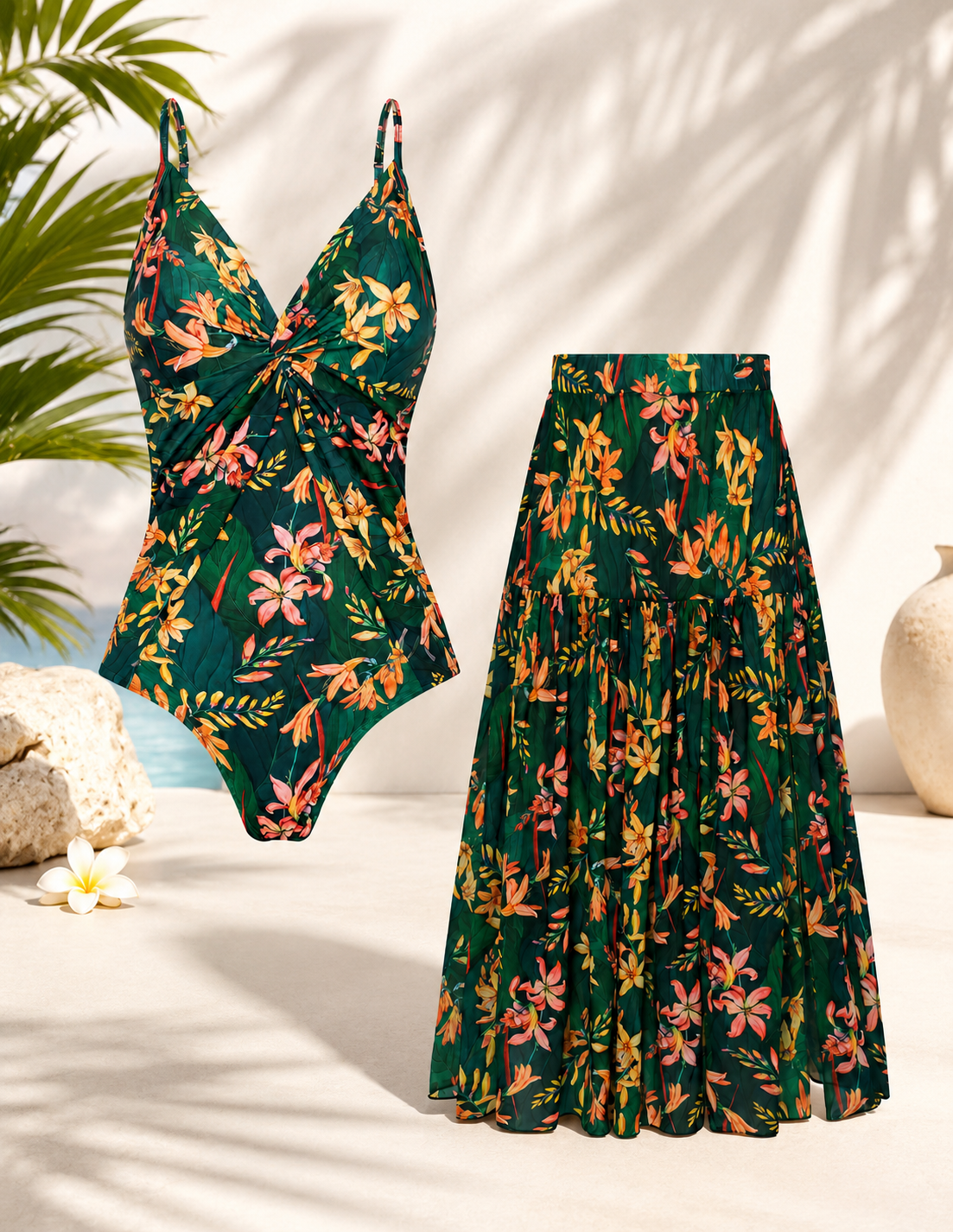 🌴 Women's One-Piece Swimsuit with Cover-Up Skirt