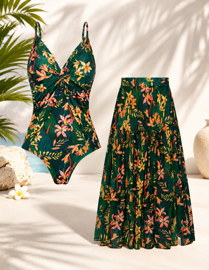 🌴 Women's One-Piece Swimsuit with Cover-Up Skirt