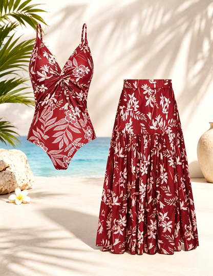 🌴 Women's One-Piece Swimsuit with Cover-Up Skirt