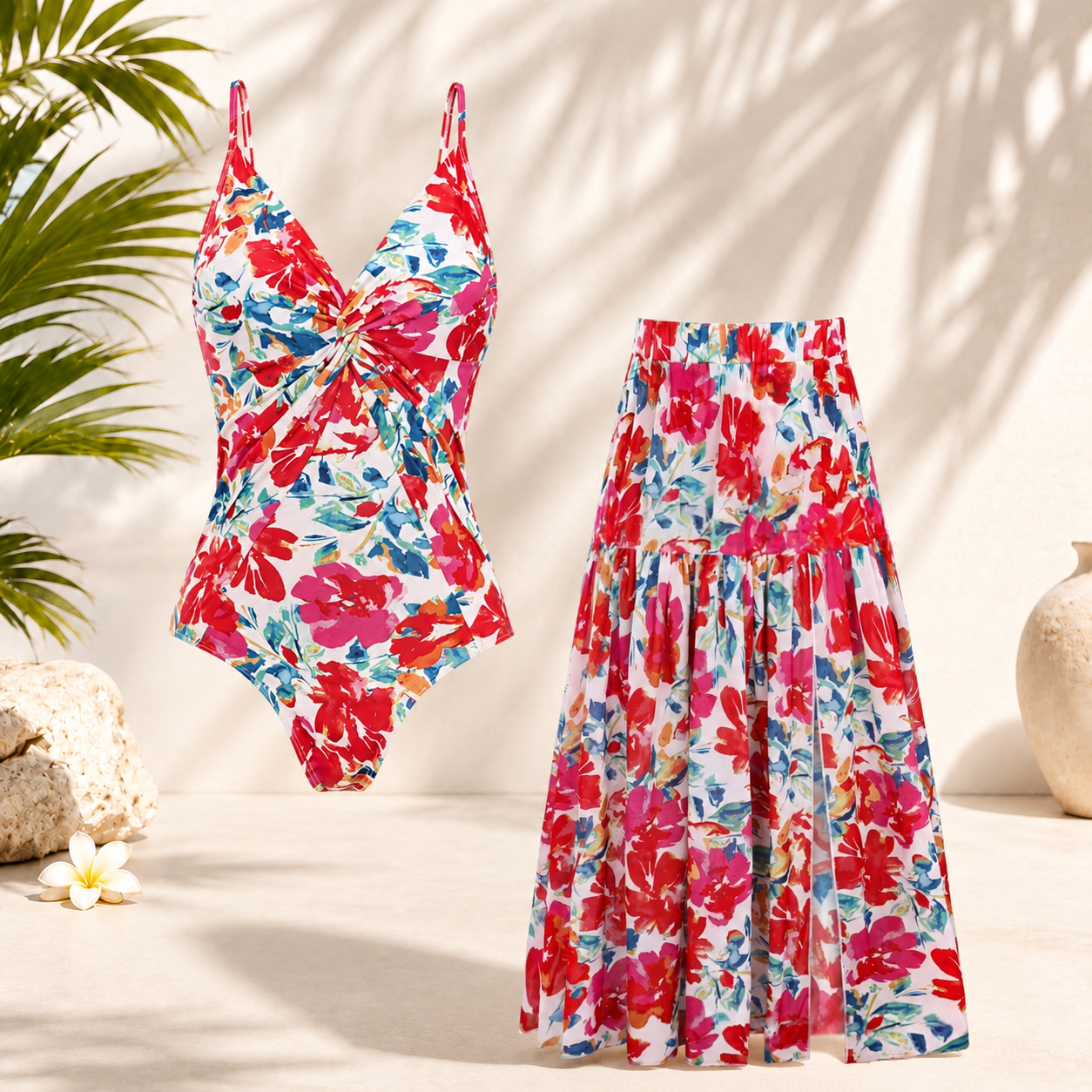 🌴 Women's One-Piece Swimsuit with Cover-Up Skirt