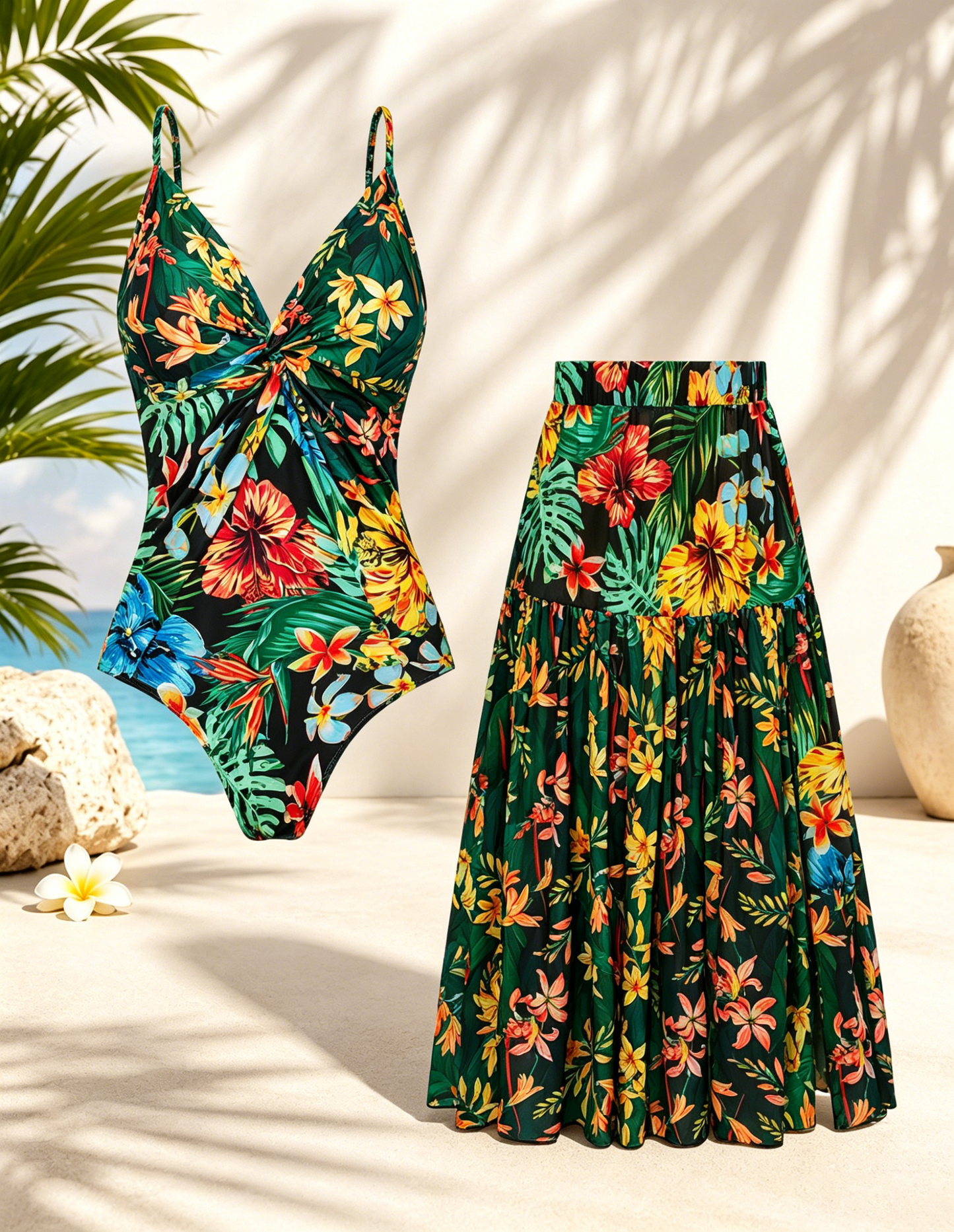 🌴 Women's One-Piece Swimsuit with Cover-Up Skirt