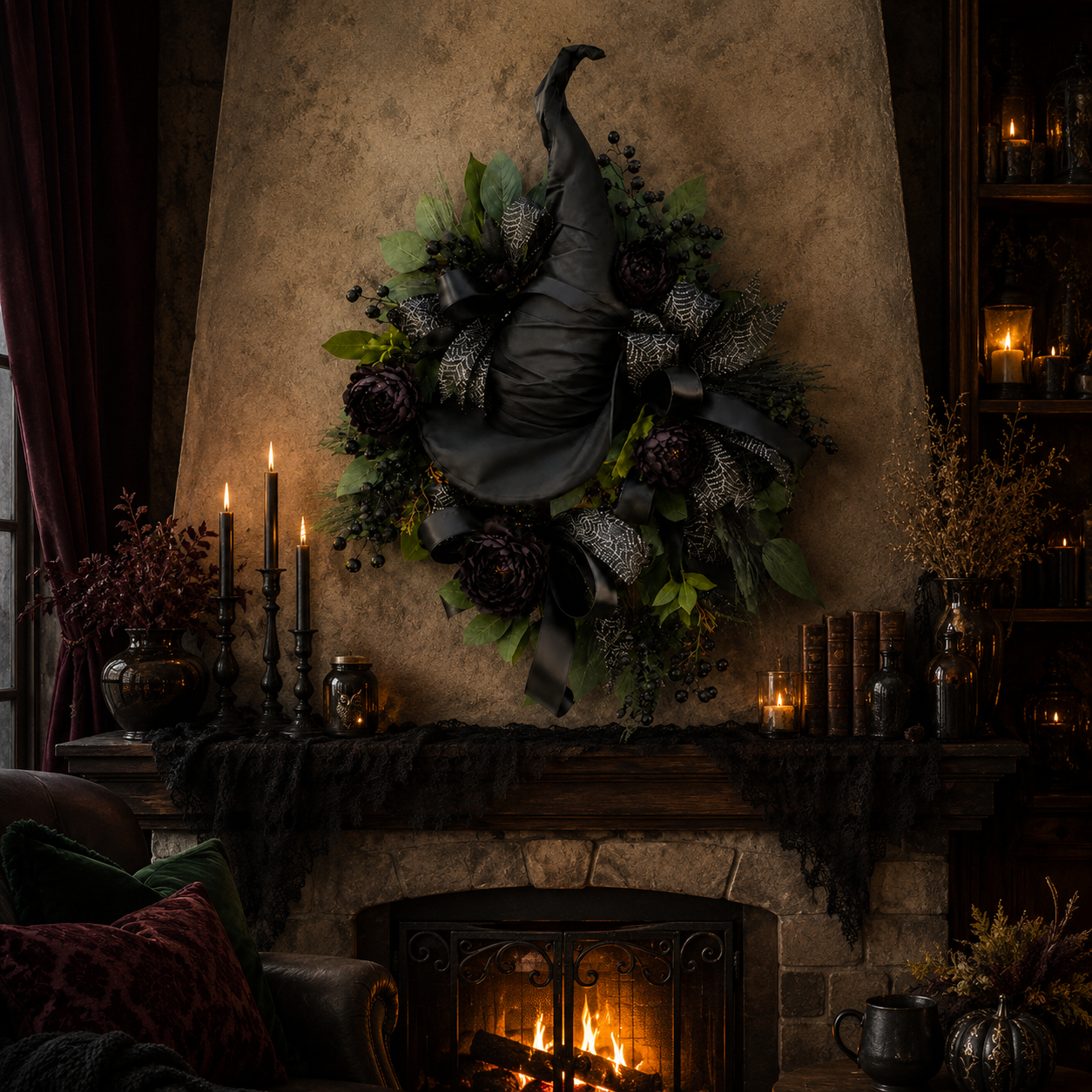 🧙High-end Gothic Black Rose Witch Hat Wreath – An Unforgettable and Elegant Decoration