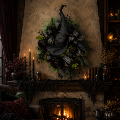 🧙High-end Gothic Black Rose Witch Hat Wreath – An Unforgettable and Elegant Decoration