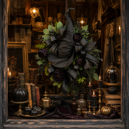 🧙High-end Gothic Black Rose Witch Hat Wreath – An Unforgettable and Elegant Decoration