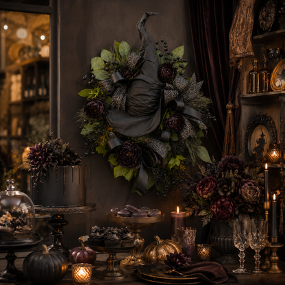 🧙High-end Gothic Black Rose Witch Hat Wreath – An Unforgettable and Elegant Decoration