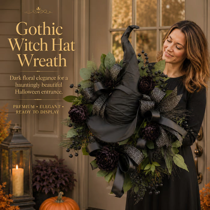 🧙High-end Gothic Black Rose Witch Hat Wreath – An Unforgettable and Elegant Decoration