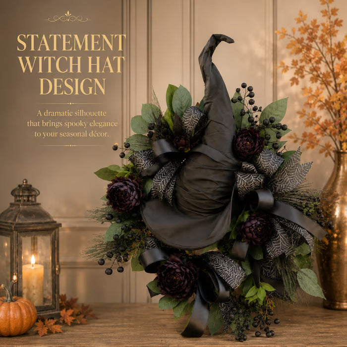 🧙High-end Gothic Black Rose Witch Hat Wreath – An Unforgettable and Elegant Decoration