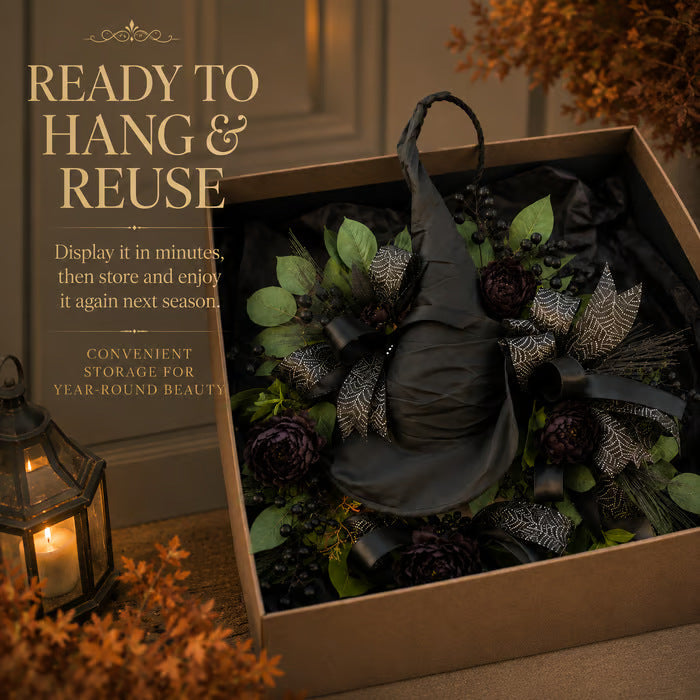 🧙High-end Gothic Black Rose Witch Hat Wreath – An Unforgettable and Elegant Decoration